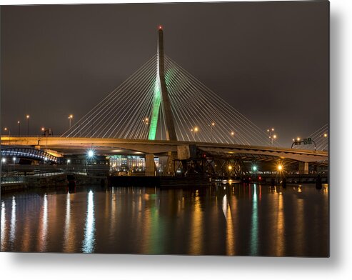 Boston Metal Print featuring the photograph The Leonard P Zakim bridge lit up in green for St Patrick's Day Reflection by Toby McGuire