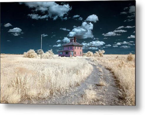 Hale Spectrum Halespectrum Halespectrum2.0 2.0 Clouds Cloudy Bush Bushes Trees Sky Grass Color Infrared Colour Ir Infra Red Outside Outdoors Nature Natural Partial Architecture Brian Hale Brianhalephoto Ma Mass Massachusetts U.s.a. Usa The Pink House Cape Elizabeth Plum Island Double Exposure Iconic Historic Metal Print featuring the photograph The Pink House in HaleSpectrum 1 by Brian Hale