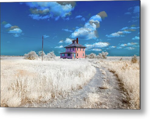 Hale Spectrum Halespectrum Halespectrum2.0 2.0 Clouds Cloudy Bush Bushes Trees Sky Grass Color Infrared Colour Ir Infra Red Outside Outdoors Nature Natural Partial Architecture Brian Hale Brianhalephoto Ma Mass Massachusetts U.s.a. Usa The Pink House Cape Elizabeth Plum Island Double Exposure Iconic Historic Metal Print featuring the photograph The Pink House in HaleSpectrum 2 by Brian Hale