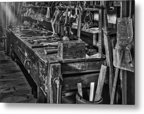 Aged Metal Print featuring the photograph This Old Workshop BW by Susan Candelario