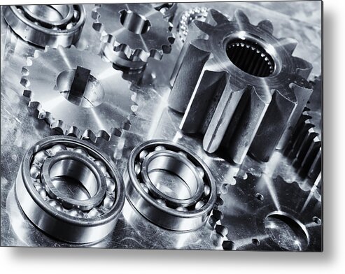 Cogwheels Metal Print featuring the photograph Titanium Aerospace Engineering Parts by Christian Lagereek