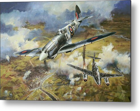 Spitfire. Tony Gaze. Me262. Spitfire Mk Xiv. Messerschmidt 262. Flying Mkxiv Spitfire Shot Down Me262 St Valentine’s Day 14th Feb 1945 Metal Print featuring the painting Tony Gaze unsung hero by Colin Parker