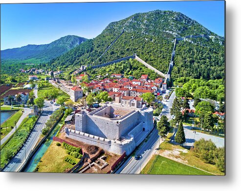 Ston Metal Print featuring the photograph Town of Ston and historic walls aerial view by Brch Photography