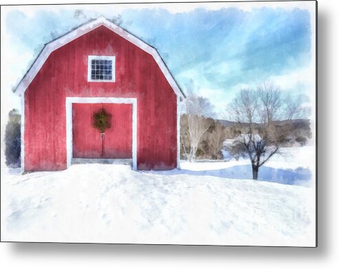 Traditional Metal Print featuring the painting Traditional New England Red Barn in Winter Watercolor by Edward Fielding