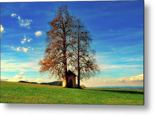 Tree Metal Print featuring the photograph Trees And Chapel by Mountain Dreams