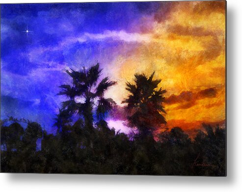 Tropic Tropical Landscape Night Sunset Twilight Evening Trees Palms Silhouette Sky Palms Clouds Trees Metal Print featuring the digital art Tropical Night Fall by Frances Miller