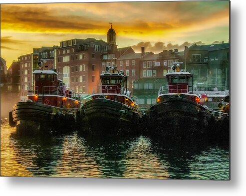 New England Metal Print featuring the photograph Tugboats in Portsmouth Harbor at Dawn by Thomas Lavoie