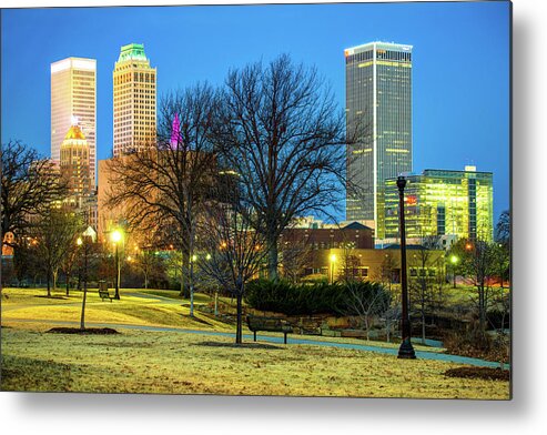 Tulsa Skyline Metal Print featuring the photograph Tulsa Skyline Behind Barren Trees by Gregory Ballos