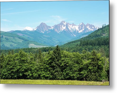 Twin Sisters And Mt Baker Peeking. Pull-off Metal Print featuring the photograph Twin Sisters and Mt Baker Peeking by Tom Cochran