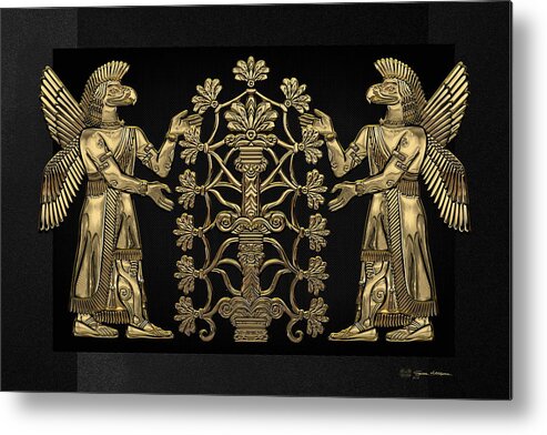 ‘treasures Of Mesopotamia’ Collection By Serge Averbukh Metal Print featuring the digital art Two Instances of Gold God Ninurta with Tree of Life over Black Canvas by Serge Averbukh