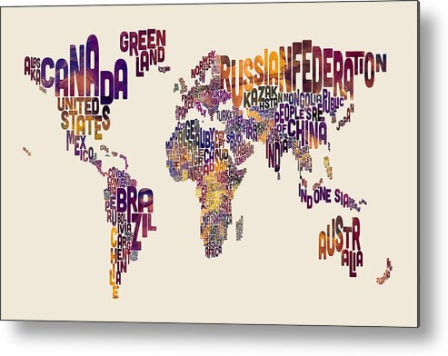 Map Of The World Metal Print featuring the digital art Typography Text Map of the World Map by Michael Tompsett