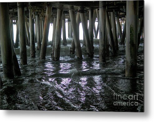 Under The Pier; Pylons; Waves; Ocean; Pacific Ocean; White; Silver; Water; Joe Lach; Beach; Sand; Light; Green Metal Print featuring the photograph Under the Pier 4 by Joe Lach