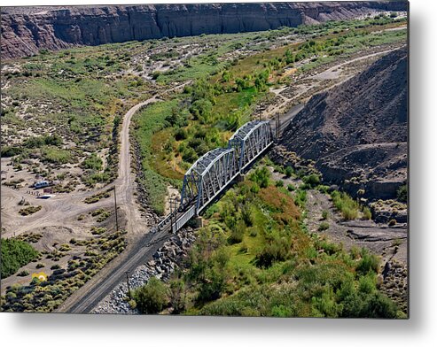 Aerial Shots Metal Print featuring the photograph UP Tracks Cross the Mojave River by Jim Thompson