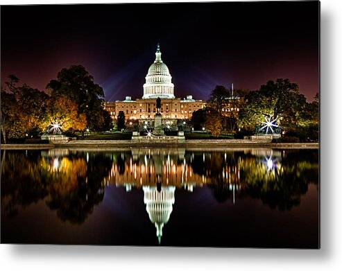 Washington Metal Print featuring the photograph US Capitol Building and Reflecting Pool at Fall Night 1 by Val Black Russian Tourchin