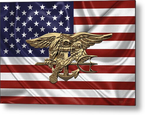'military Insignia & Heraldry - Nswc' Collection By Serge Averbukh Metal Print featuring the digital art U.S. Navy SEALs Trident over U.S. Flag by Serge Averbukh