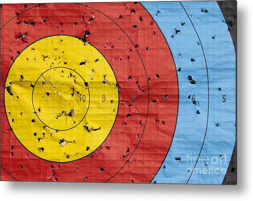 Archery Metal Print featuring the photograph Used archery target close up by Simon Bratt