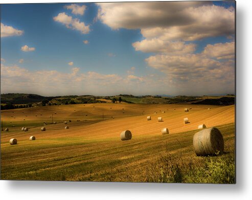 Tuscany Metal Print featuring the photograph Val d'Orcia field with hay balls by Wolfgang Stocker