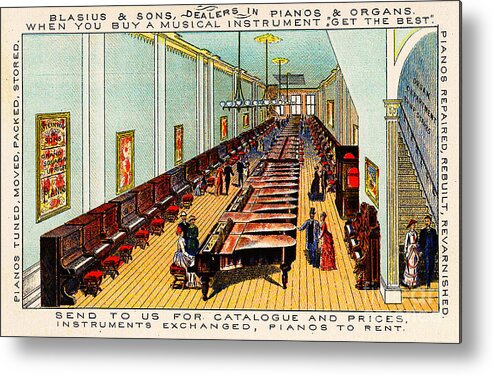 Piano Metal Print featuring the painting Victorian 1880s Advertisement for Blasius and Sons Piano Store Interior Philadelphia by Peter Ogden