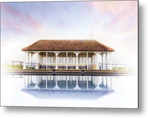 Sheringham Metal Print featuring the photograph Norfolk victorian seaside shelter with pink sunset sky by Simon Bratt
