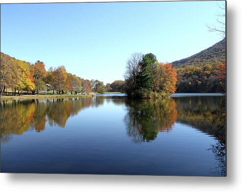 Lake Metal Print featuring the photograph View of Abbott Lake with trees on island, in autumn by Emanuel Tanjala