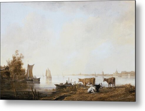 View Of The Maas Near Dordrecht Metal Print featuring the painting View of the Maas near Dordrecht by MotionAge Designs