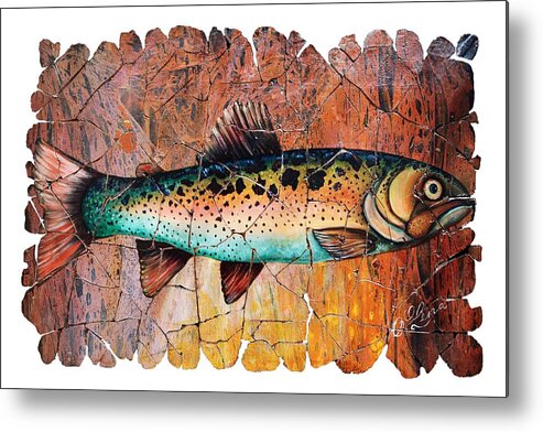 Red Trout Fresco Transparent Fresco Metal Print featuring the painting Fresco Red Trout White Background by OLena Art
