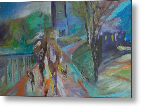Cityscape Metal Print featuring the painting Walkin the Dogs by Susan Esbensen