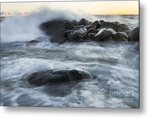 Wave Metal Print featuring the photograph Wave Crashes Rocks 7835 by Steve Somerville