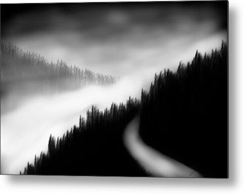 Mystery Nature Mobile Wallpaper Art Print Phone Case T-shirt Beautiful Duvet Case Pillow Tote Bags Shower Curtain Greeting Cards Fog Mist Hills Mountains Woods Nature Painting Black White Haunted Ghost Halloween Road Forest Clouds Metal Print featuring the digital art Way to the unknown by Salman Ravish