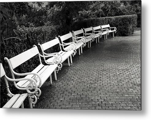 Black And White Metal Print featuring the photograph White Benches- by Linda Wood Woods by Linda Woods