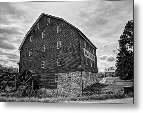 Water Mill Metal Print featuring the photograph Willow Grove Mill 2 Black And White by Lara Ellis