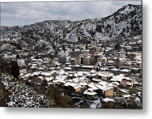 Winter Metal Print featuring the photograph Winter mountain village landscape with snow by Michalakis Ppalis