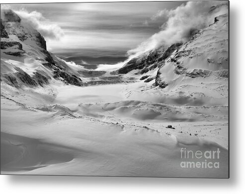 Columbia Icefield Metal Print featuring the photograph Winter Shadows Below The Athabasca Glacier Black And White by Adam Jewell