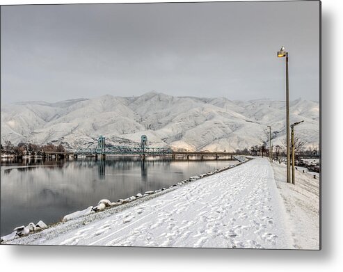 Lewiston Idaho Id Clarkston Washington Wa Lc-valley Lc Valley Pacific Northwest Lewis Clark Landscape Palouse Winter White Snow Path Bike Blue Interstate Bridge Snake River Lamp Post Walk Footprints Hill Mountain Water Reflection Snowing Icy Slick Levy Park Serene February Metal Print featuring the photograph Winter Walk by Brad Stinson