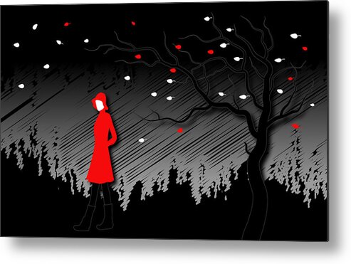 Red Metal Print featuring the digital art Woman In Red Hat And Trench Coat Walking In Blustery Autumn Rain by Serena King