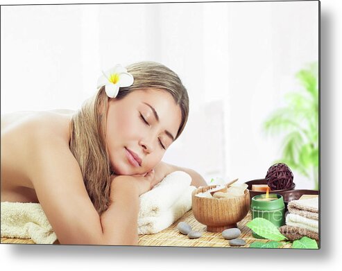 Adult Metal Print featuring the photograph Woman relaxing at spa by Anna Om