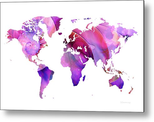 Map Metal Print featuring the painting World Map 20 Pink and Purple by Sharon Cummings by Sharon Cummings