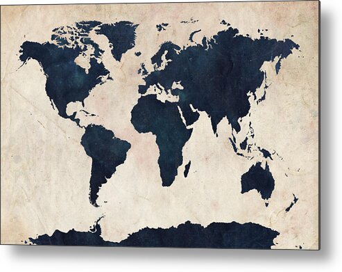 Map Of The World Metal Print featuring the digital art World Map Distressed Navy by Michael Tompsett