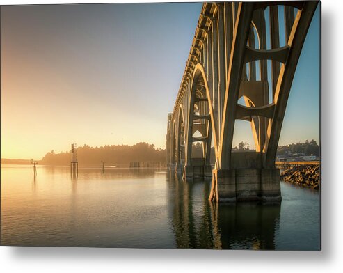 Architecture Metal Print featuring the photograph Yaquina Bay Bridge - Golden Light 0634 by Kristina Rinell