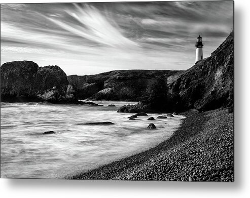 Lighthouse Metal Print featuring the photograph Yaquina Head Lighthouse 1 Black and white by Lara Ellis
