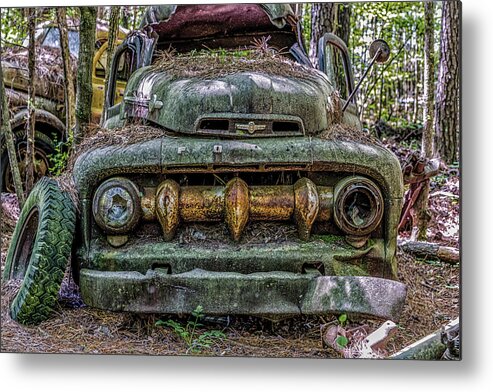 Weathered Metal Print featuring the photograph Green Ford Pickup with Massive Grill #1 by Darryl Brooks