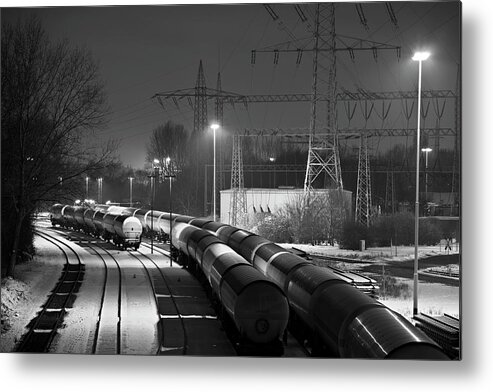 Snow Metal Print featuring the photograph Industry Railroad Yard At Night #1 by Michaelutech