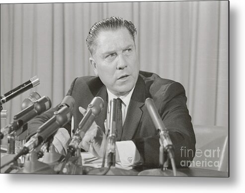 Mature Adult Metal Print featuring the photograph Jimmy Hoffa Speaking At Press Conference #1 by Bettmann