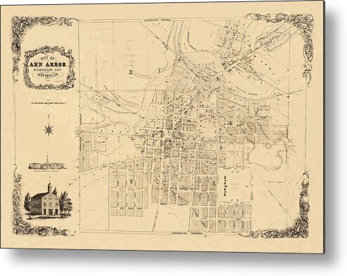 Map Of Ann Arbor Metal Print featuring the photograph Map Of Ann Arbor 1854 #1 by Andrew Fare