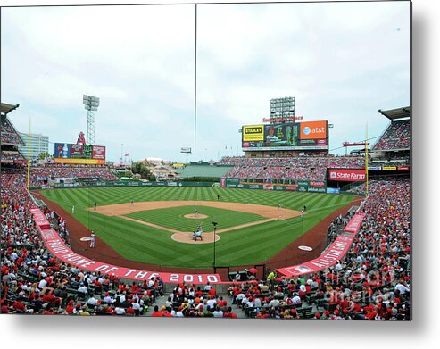 American League Baseball Metal Print featuring the photograph Oakland Athletics V Los Angeles Angels by Rich Pilling