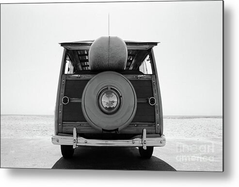 1950-1959 Metal Print featuring the photograph Old Woodie Station Wagon With Surfboard #1 by Skodonnell