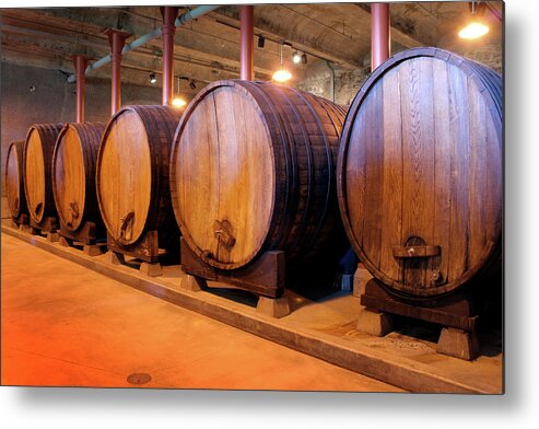 Fermenting Metal Print featuring the photograph Wine Barrels In Winery Cellar Of Napa #1 by Yinyang
