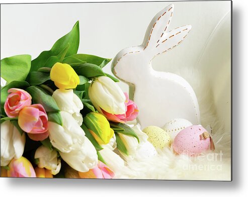 Easter Metal Print featuring the photograph Easter scene with colored eggs by Anastasy Yarmolovich