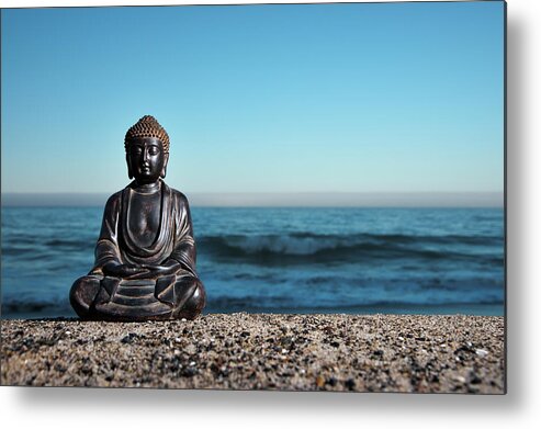 Water's Edge Metal Print featuring the photograph Japanese Buddha Statue At Ocean Shore #2 by Wesvandinter