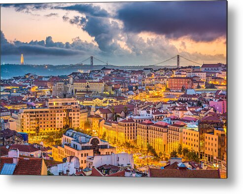 Landscape Metal Print featuring the photograph Lisbon, Portugal Skyline After Sunset #2 by Sean Pavone